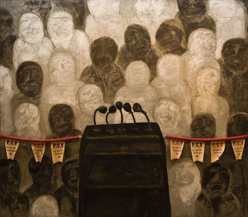 Fig. 2. Antonia Eiriz, Una tribuna para la paz democrática (A tribune for democratic peace), 1968. Oil and collage on canvas. 86 ½ × 98 ½ in. (219.7 × 250.2 cm). 