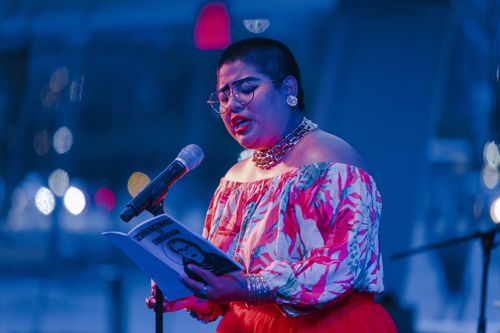 Sonia Guiñansaca performs at Cuerpxs Radicales: Radical Bodies in Performance. Brooklyn Museum, July 5, 2018