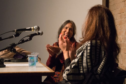 Artist Cecilia Vicuña (left) and curator Andrea Giunta (right) at the Conversa com artistas e curadoras: Mulheres radicais. Pinacoteca de São Paulo 