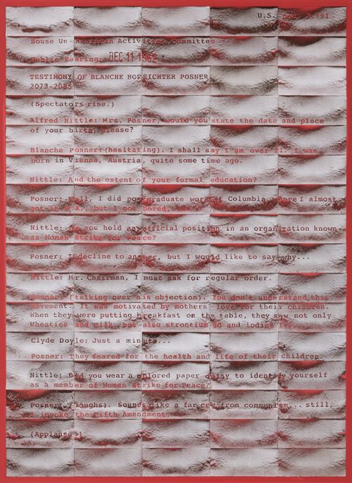 A large-scale print made from intaglio etchings made in lint, spelling out text from testimonies of anti-nuclear women protesters