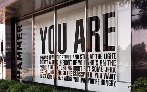 Barbara Kruger, "Untitled (Hello/Goodbye)," 2014; daytime view from Westwood Blvd. Installation view at the Hammer Museum, Los Angeles