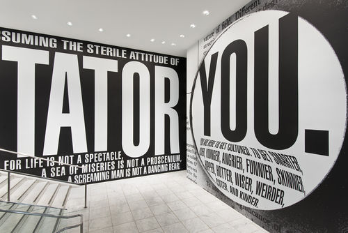 Barbara Kruger, "Untitled (Hello/Goodbye)," 2014. Installation view at the Hammer Museum, Los Angeles