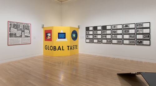 Left wall: Adrian Piper, "This Is Not the Documentation of a Performance," 1976; corner: Martha Rosler, "Global Taste: A Meal in Three Courses," 1985; right wall: Martha Rosler, "The Bowery in two inadequate descriptive systems," 1974–75. Installation view at the Hammer Museum, Los Angeles