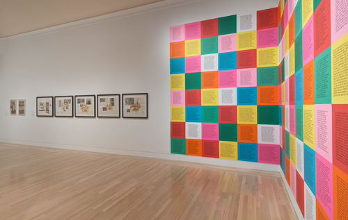 From left to right: Adrian Piper, "Vanilla Nightmares #14," 1986 and "Vanilla Nightmares #20," 1989, Robert Gober, "Newspaper," 1992, and Jenny Holzer, "Inflammatory Essays," 1979–81. Installation view at the Hammer Museum, Los Angeles