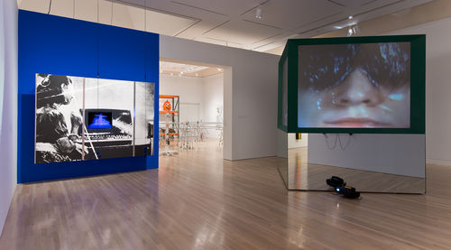 Left: Dara Birnbaum, "PM Magazine," 1982; right: Judith Barry, "Imagination, Dead Imagine," 1991; next gallery: works by Cady Noland and Haim Steinbach. Installation view at the Hammer Museum, Los Angeles