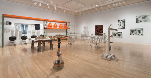 Foreground, from left to right: Zoe Leonard, "Survey," 2012, Jimmie Durham, "Bedia's Stirring Wheel," 1985, Cady Noland, "Frame Device," 1989, and Jimmie Durham, "Coyote/Trickster," 1991; left wall: Haim Steinbach, "Backyard Story," 1997; right wall, from left to right: Sue Williams, "Spiritual America," 1992, John Miller, "Untitled," 1990, and Zoe Leonard, "Trophies," 1990. Installation view at the Hammer Museum, Los Angeles