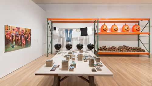 Foreground: Zoe Leonard, "Survey," 2012; left wall: John Miller, "Untitled," 1986; rear wall: Haim Steinbach, "Backyard Story," 1997. Installation view at the Hammer Museum, Los Angeles