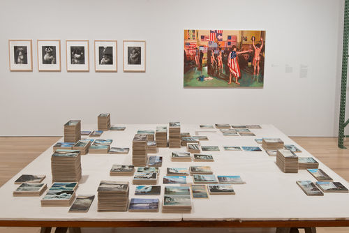 Foreground: Zoe Leonard, "Survey," 2012; rear wall, from left to right: Sherrie Levine, "After Edward Curtis: 1–5," 2005, and John Miller, "Untitled," 1986. Installation view at the Hammer Museum, Los Angeles