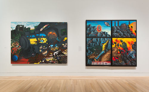 Two works by David Wojnarowicz, from left to right: "Crash: The Birth of Language / the Invention of Lies," 1986, and "The Death of American Spirituality," 1987. Installation view at the Hammer Museum, Los Angeles