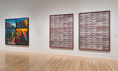From left to right: David Wojnarowicz "The Death of American Spirituality," 1987, two works by Mary Kelly: "Mimus, Act I (Posner)," 2012, and "Mimus, Act II (Meyers)," 2012. Installation view at the Hammer Museum, Los Angeles