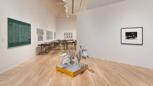 Foreground, on floor: Tom Burr, "Silver Plant Platform," 1997; left wall, from left to right: Nayland Blake, "Scum," 1990, and Mike Kelley, "Craft Morphology Flow Chart," 1991; right wall: Christopher Williams, "Bouquet, for Bas Jan Ader and Christopher D'Arcangelo," 1991. Installation view at the Hammer Museum, Los Angeles