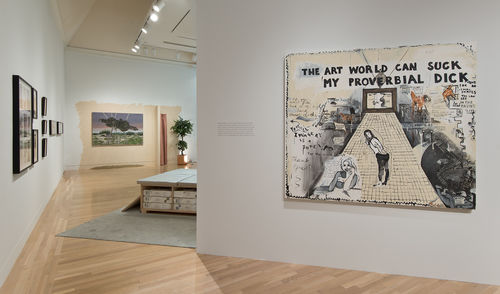 Foreground: Sue Williams, "The Art World Can Suck My Proverbial Dick," 1992; next gallery: installation works by Stephen Prina and William Leavitt. Installation view at the Hammer Museum, Los Angeles