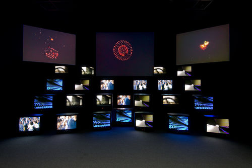 Gretchen Bender, "Total Recall," 1987. Installation view at the Hammer Museum, Los Angeles