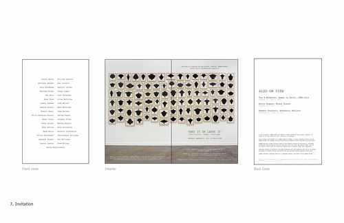 Preliminary invitation design for "Take It or Leave It" opening, from exhibition identity document. Hammer Museum, Los Angeles