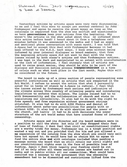 David Wojnarowicz, “Statement from David Wojnarowicz to [Artists Space] Board of Directors, November 17, 1989,” page 1 