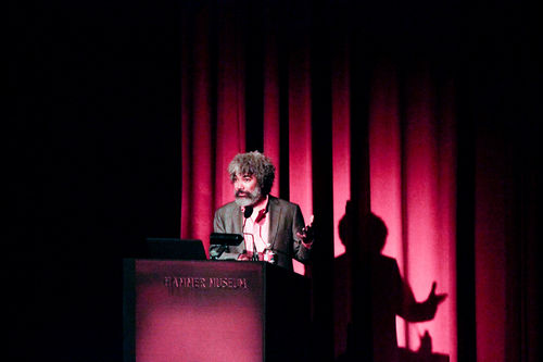 Fred Wilson giving his lecture, "Through the Glass Darkly: The Silent Message of the Museum," Hammer Museum, Los Angeles, May 6, 2014