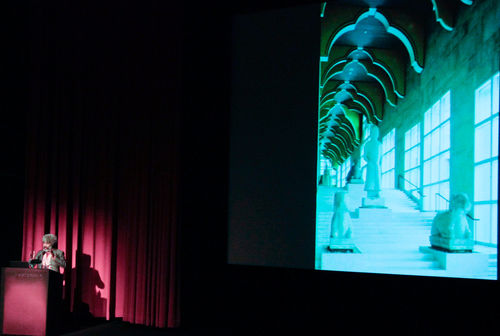 Fred Wilson giving his lecture, "Through the Glass Darkly: The Silent Message of the Museum," Hammer Museum, Los Angeles, May 6, 2014