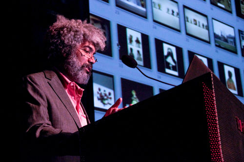 Fred Wilson giving his lecture, "Through the Glass Darkly: The Silent Message of the Museum," Hammer Museum, Los Angeles, May 6, 2014