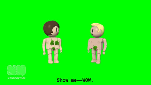 Two cartoon characters wearing leaves over their private parts over a green background; caption reads "Show me-WOW."