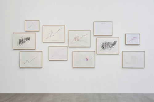 Jimmie Durham, Untitled (On a Scale of One Through Ten, Recalcitrant Trends, Ill Wind, Seven Lines Indicating Various Colors and Trends, The Turquoise Line is Probably Indicative, Red and Blue Meeting, Water, Lightning and Anger,  Clearly, Not Everything Functions, Indications of the Frequent Escape Mechanisms of Clarity, From Normality..., More a Process Than a Beginning and an End), 2013. 