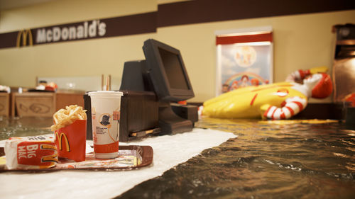 SUPERFLEX, Still from Flooded McDonald’s, 2009. Digital video. 21 min. Purchased jointly by the Hirshhorn Museum and Sculpture Garden, Smithsonian Institution, Washington, DC, and the Hammer Museum, Los Angeles, through the Board of Overseers Acquisition Fund, 2015.