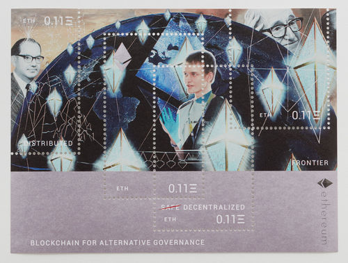 Simon Denny with Linda Kantchev, Blockchain company postage stamp designs: Ethereum, 2016. 