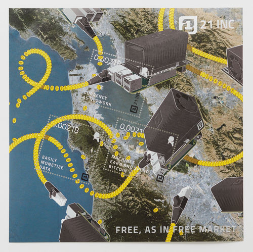 Simon Denny with Linda Kantchev, Blockchain company postage stamp designs: 21Inc, 2016. 