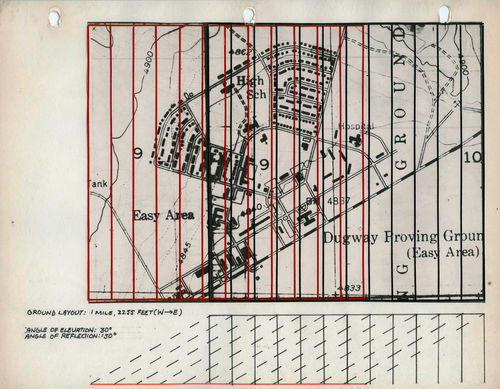 Adrian Piper. Parallel Grid Proposal for Dugway Proving Grounds Headquarters. 1968. Two typescript pages; ink and colored ink on fourteen sheets of paper; architectural tape on acetate over ink on thirteen photostats; and ink on cut-and-pasted map, mounted on colored paper. Detail: Parallel Grid Proposal for Dugway Proving Grounds Headquarters #11, 8 ½ × 11 in. (21.6 × 27.9 cm). Collection Beth Rudin DeWoody. © Adrian Piper Research Archive Foundation Berlin