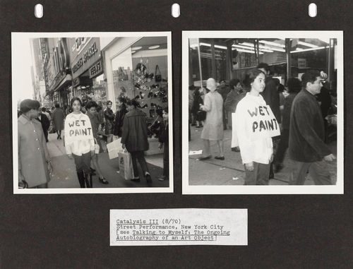 Adrian Piper. Catalysis III. 1970. Documentation of the performance. Two gelatin silver prints and text mounted on colored paper. Overall 8 1/2 × 11 in. (21.6 × 27.9 cm). Photographs by Rosemary Mayer. Collection Thomas Erben, New York. © Adrian Piper Research Archive Foundation Berlin.