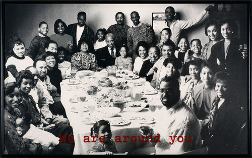 Adrian Piper. Safe #1–4. 1990. Mixed-medium installation. Screenprinted text on four black-and-white photographs, mounted on foam core and affixed to the corners of a room, with audio. 30 1/4 x 42 in (76.8 x 106.7 cm); 24 5/8 x 39 ¼ in (62.5 x 99.7 cm); 30 7/16 x 24 15/16 in. (77.3 x 63.1 cm); and 44 5/16 x 36in. (112.6 x 99.1 cm). Detail: #1 of 4. Collection Adrian Piper Research Archive. Foundation Berlin. © Adrian Piper Research Archive Foundation Berlin.