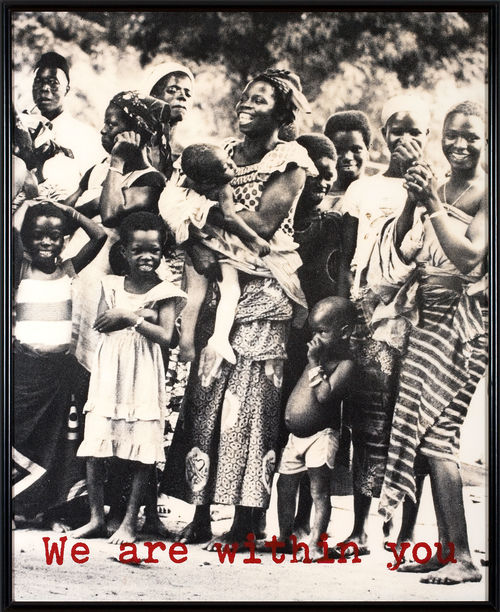 Adrian Piper. Safe #1–4. 1990. Mixed-medium installation. Screenprinted text on four black-and-white photographs, mounted on foam core and affixed to the corners of a room, with audio. 30 1/4 x 42 in (76.8 x 106.7 cm); 24 5/8 x 39 ¼ in (62.5 x 99.7 cm); 30 7/16 x 24 15/16 in. (77.3 x 63.1 cm); and 44 5/16 x 36in. (112.6 x 99.1 cm). Detail: #1 of 4. Collection Adrian Piper Research Archive. Foundation Berlin. © Adrian Piper Research Archive Foundation Berlin.