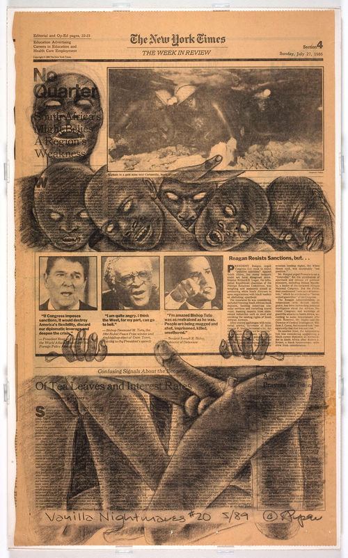Adrian Piper, Vanilla Nightmares #20, 1989. Charcoal on newspaper. 23 × 13 ¾ in. (58.4 × 34.9 cm). Hammer Museum, Los Angeles. Purchase. © Adrian Piper Research Archive Foundation Berlin.