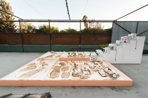 Carmen Argote, Platform with Mobile Unit, 2017. Platform, coffee makers. 144 x 144 x 54 in. (365.8 x 365.8  x 137.2 cm). Courtesy the artist and Panel LA.