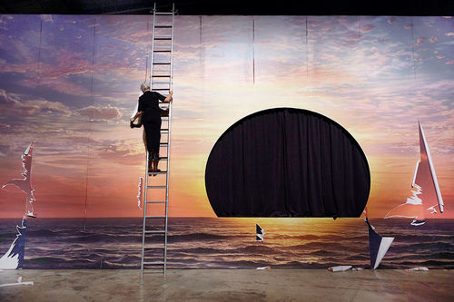 Neha Choksi, The Sun’s Rehearsal / In Memory of the Last Sunset, 2016. Image on wallpaper digitally generated by OmniCosm Studios, seven photographically generated images on wallpaper, freestanding wall with cutout, curtain. Activated by performance and interaction by Alice Cummins, Carriageworks, Sydney, March 15–19, April 9–10, and May 28–29, 2016. Commissioned by the 20th Biennale of Sydney. Courtesy the artist and Project 88, Mumbai. Photo: Zan Wimberley.