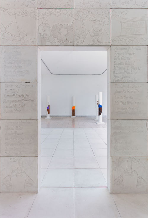 Lauren Halsey, The Crenshaw District Hieroglyph Project (Prototype Architecture), 2018. Installation view, Made in L.A. 2018, June 3-September 2, 2018, Hammer Museum, Los Angeles. Photo: Brian Forrest.