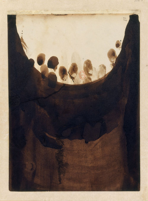Victor Hugo, Taches avec empreintes de doigts (Abstract composition with fingerprints), ca. 1864‒65. Brown ink and wash on paper. 10 1/4 × 7 11/16 in. (26 × 19.5 cm). Bibliothèque nationale de France. NAF 13345, fol. 28 © Bibliothèque nationale de France