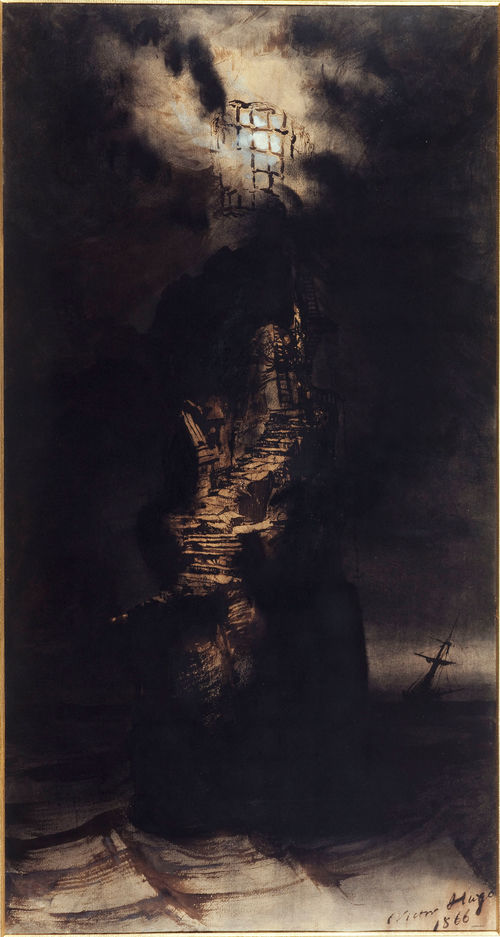 Victor Hugo, Le phare des Casquets (The Casquets lighthouse), 1866. Brown ink and wash, black crayon, black chalk, and white gouache on paper. 35 3/8 × 18 7/8 in. (89.8 × 48 cm). Maisons de Victor Hugo, Paris / Guernesey, MVHP.D.185 © Maisons de Victor Hugo, Paris / Guernesey / Roger-Viollet