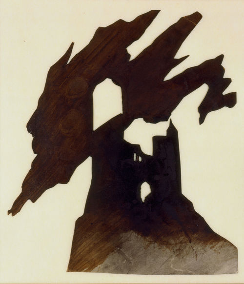 Victor Hugo, Silhouette de château illuminé par un orage (Silhouette of a castle struck by lightning), ca. 1854‒57. Stencil cut from card, with charcoal, brown ink and wash. 7 5/16 × 6 5/16 in. (18.5 × 16 cm). Bibliothèque nationale de France. NAF 13351, fol. 34 (1) © Bibliothèque nationale de France