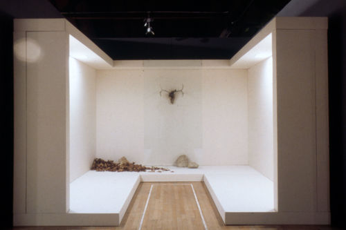 Allen Ruppersberg, Location Piece, 1968. Eight canvas panels, glass, light, natural elements. Installation view at Newport Harbor Art Museum, Newport Beach, California, 1969. Norton Simon Museum; Gift of Eugenia Butler Gallery, Los Angeles. Image courtesy Norton Simon Museum.