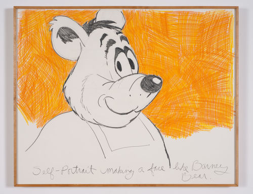 Allen Ruppersberg, Self-Portrait Making a Face Like Barney Bear, 1975. Graphite and colored pencil on paper. Courtesy Marc Selwyn Fine Art, Los Angeles; photo: Robert Wedemeyer.