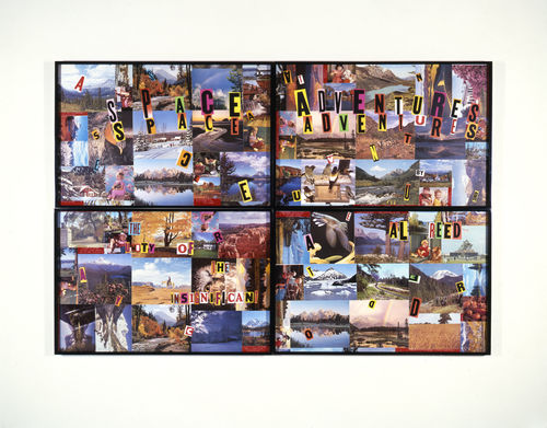 Allen Ruppersberg, Cover Art (Space Adventures), 1985. Collage of commercially printed ephemera, mixed media, Dymo tape on four panels. Hammer Museum, Los Angeles; Purchased through the Board of Overseers Acquisition Fund; photo courtesy Hammer Museum, Los Angeles.