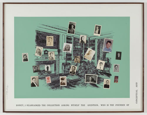 Allen Ruppersberg, Honey, I rearranged the collection asking myself the question—who is the founder of conceptual art?, 2010. Silkscreen and collaged photographs on paper. Courtesy Marc Selwyn Fine Art, Los Angeles.