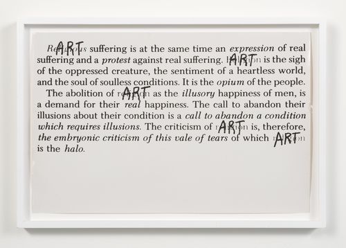 Fred Lonidier, Art is Opium, 1973. Vintage black and white photograph. 13 x 20 in. (33 x 50.8 cm). Hammer Museum, Los Angeles. Purchased with funds provided by The Buddy Taub Foundation, Dennis A. Roach and Jill Roach, Directors. 