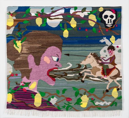 Christina Forrer, Woman with Waves Coming Out of Her Mouth, 2014. Cotton and wool, 50 x 56 in. (127 x 142.2 cm), Hammer Museum, Los Angeles. Purchase. © 2014 Christina Forrer, Photographed by Josh White Studio