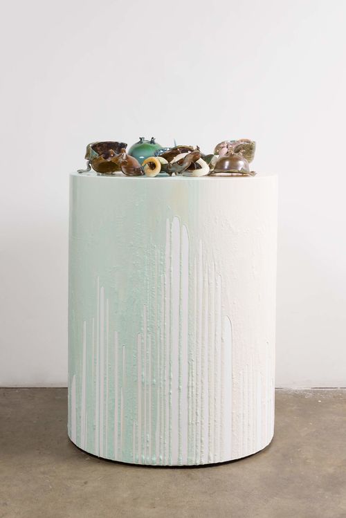 Kelly Akashi, Figure 1, 2014. Cut-glass bowls, candles, wood, paint, pigmented liquid urethane plastic. Hammer Museum, Los Angeles. Purchase.