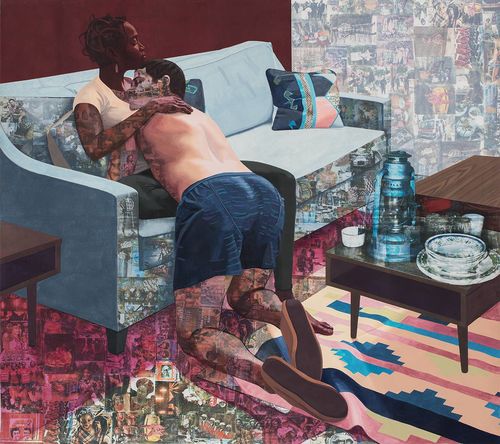 Njideka Akunyili Crosby, Ike Ya, 2016. Acrylic, transfers, colored pencil, and charcoal on paper, 84 × 99 in. (213.4 × 251.5 cm), Hammer Museum, Los Angeles. Purchase.