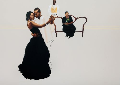 Meleko Mokgosi, Pax Kaffraria: Sikhuselo Sembumbulu, 2011-12 (detail). Oil and charcoal on clear primed canvas. 96 × 627 1/4 in. (243.8 × 1593.2 cm). Hammer Museum, Los Angeles. Purchase. © 2012 Meleko Mokgosi