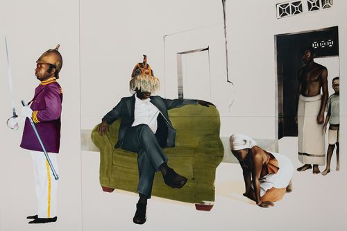 Meleko Mokgosi, Pax Kaffraria: Sikhuselo Sembumbulu, 2011-12 (detail). Oil and charcoal on clear primed canvas. 96 × 627 1/4 in. (243.8 × 1593.2 cm). Hammer Museum, Los Angeles. Purchase. © 2012 Meleko Mokgosi