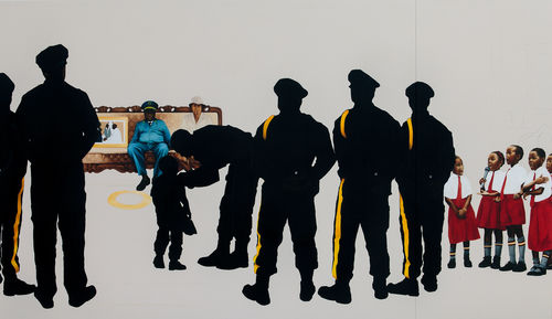 Meleko Mokgosi, Pax Kaffraria: Sikhuselo Sembumbulu, 2011-12 (detail). Oil and charcoal on clear primed canvas. 96 × 627 1/4 in. (243.8 × 1593.2 cm). Hammer Museum, Los Angeles. Purchase. © 2012 Meleko Mokgosi