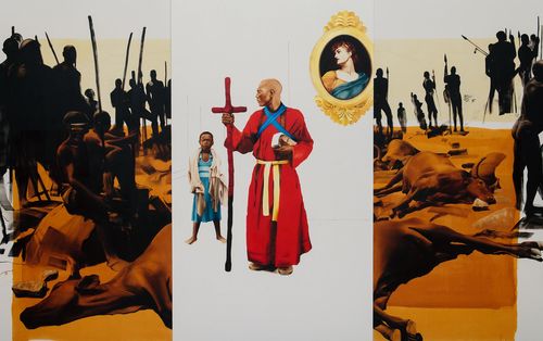 Meleko Mokgosi, Pax Kaffraria: Sikhuselo Sembumbulu, 2011-12 (detail). Oil and charcoal on clear primed canvas. 96 × 627 1/4 in. (243.8 × 1593.2 cm). Hammer Museum, Los Angeles. Purchase. © 2012 Meleko Mokgosi